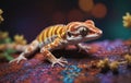 Macro photography of a colorful iguania lizard perched on a rock