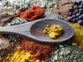 Macro photography of curry spice on wooden spoon