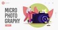 Macro Photography Hobby Landing Page Template. Man Photographer Shoot Water Drops on Flower Leaves on Photo Camera