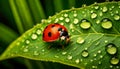 Macro Photography of a Ladybug Above a Green Leaf with Dew Drops - Generative Ai Royalty Free Stock Photo