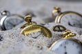 Macro photography of many or group of old gold pocket watches Royalty Free Stock Photo