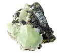 Prehnite raw stones on Epidote crystals on white