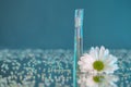 Macro photography of a transparent bottle of perfume standing on a mirror near a beautiful flower among rhinestones Royalty Free Stock Photo