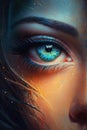 Macro photography of an unreal human female eye close-up. A magical fiery creature. Generative AI. Vertical illustration