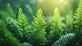 Macro photography of water droplets on vibrant ferns with soft focus backlit background Royalty Free Stock Photo