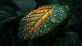 Macro photorealism of raindrop on leaf with water texture, lit by flash for depth of field
