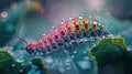 Macro photorealism vibrant caterpillar on dewy leaf with detailed textures in natural light