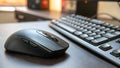 Macro Close Up of Ergonomic Mouse and Keyboard in Workspace Royalty Free Stock Photo