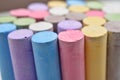 Macro picture of chalks in a variety of colors on a white background. Drawing rainbow. Back to school,education, arts, creative Royalty Free Stock Photo