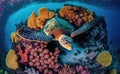 Macro pose of a sea turtle swimming in its natural environment underwater line with multicolor coral reef, generative AI