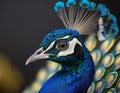 A macro, profile view of an elegant, beautiful peacock with an empty solid black background - generated by ai