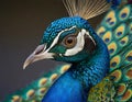 A macro, profile view of an elegant, beautiful peacock with an empty solid black background - generated by ai