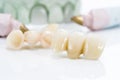 Macro of prosthetic teeth on a white background