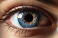 Macro pupil retina human eye, eyeball. Female eyes with long eyelashes close up. Macro of human eye. Closeup of blue Royalty Free Stock Photo