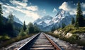 macro railroad track in forest mountains, ai generative Royalty Free Stock Photo