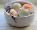 Macro of Raw Eggs with Feather from Domestic Fowl in Bowl Royalty Free Stock Photo