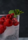 macro, refreshing drink with raspberries and mint