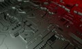 Macro rendering of a futuristic electronic printed circuit board with microchips and processors.