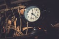 Macro rusty metal parts and old broken clock in sunday flea market