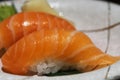 Salmon nigirizushi. Traditional Japanese sushi Royalty Free Stock Photo