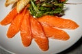 macro salmon slices served with rucola and tomato salad and toasted bread