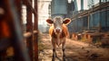 A macro cattle farm, rows of industrial cows. Livestock farming. Generative AI