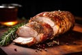 macro scene of a rotating fresh pork loin with aromatic spices