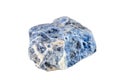 Macro shooting of natural gemstone. Raw mineral sodalite, South Africa. Isolated object on a white background.