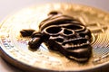 Macro shooting of the symbol of the pirate skull against the background of the gold coin of the crypto currency. The