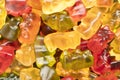 Macro shot assorted colorful gummy candies. Top view candy pattern. Jelly bears background texture