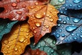 Macro shot of autumn leaves with water drops. Colorful autumn background. Generative AI Generative AI Royalty Free Stock Photo