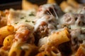 Macro Shot of Baked Ziti with Meatballs and Parmesan Cheese on Top