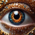 Macro shot of beautiful female eye with golden jewelry Royalty Free Stock Photo