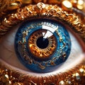 Macro shot of beautiful female eye with golden jewelry Royalty Free Stock Photo