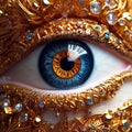 Macro shot of beautiful female eye with golden jewelry Royalty Free Stock Photo