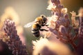 Macro shot of bee pollinating flowers during springtime. Royalty Free Stock Photo