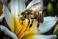 Macro shot of bee posing on flower for pollination purposes. Royalty Free Stock Photo