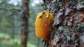 Beehive Expanding on Tree Bark in a Pine Forest Royalty Free Stock Photo