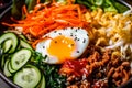 macro shot of Bibimbap flavorful and spicy gochujang sauce drizzled over a mix of vibrant and fresh ingredients