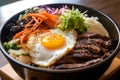 macro shot of Bibimbaps deliciously seasoned and grilled beef, paired with a vibrant assortment of vegetables and a runny egg