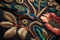 Macro shot of birds and flowers embroidery over dark color fabric.