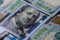 Macro shot of a brand new one hundred dollar bill showing the face of Benjamin Franklin. Royalty Free Stock Photo