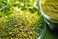 macro shot of brewing ingredients: hops, barley, water and yeast