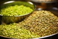 macro shot of brewing ingredients: hops, barley, water and yeast