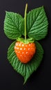 Macro shot of a bright orange cloudberry on green leaves set against a dramatic black background. Royalty Free Stock Photo