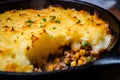 Macro shot of bubbling hot Shepherd pie in a cast-iron skillet straight from the oven, with a crispy golden crust