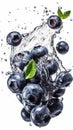 Macro shot of a bunch of ideal fresh blueberry falling down, juicy splashes, AI generative