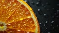 A macro shot capturing the vibrant texture and water drops on a fresh orange slice against a dark background. Royalty Free Stock Photo