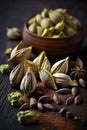 Macro shot of cardamom seed over wooden background.