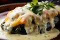 Macro shot of Chiles Rellenos filled with juicy shrimp and topped with a creamy garlic sauce